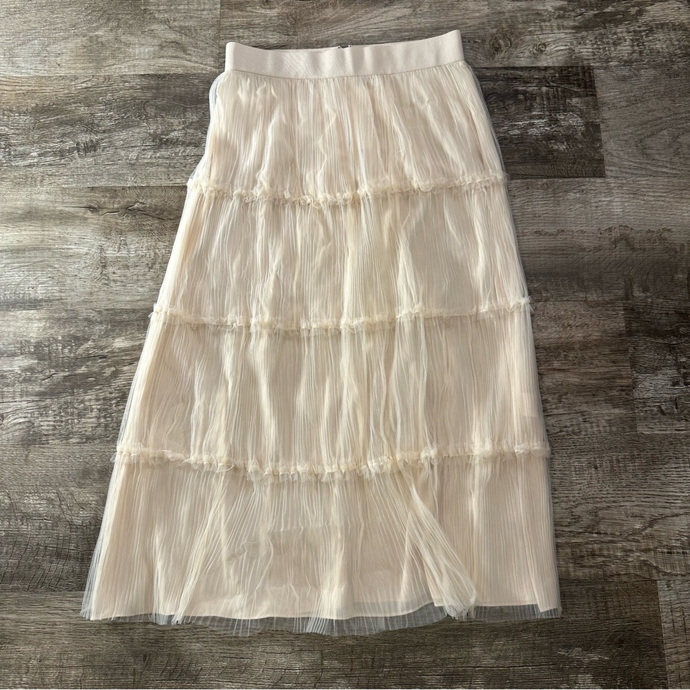 Alice + Olivia Tiered Tulle Midi Skirt Champagne Beige‎ Pleated Mesh CC104086306